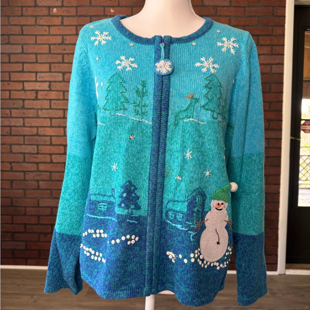 Kim Rogers Winter Snow Scene Cardigan Blue‎ Embroidered Sweater Large
